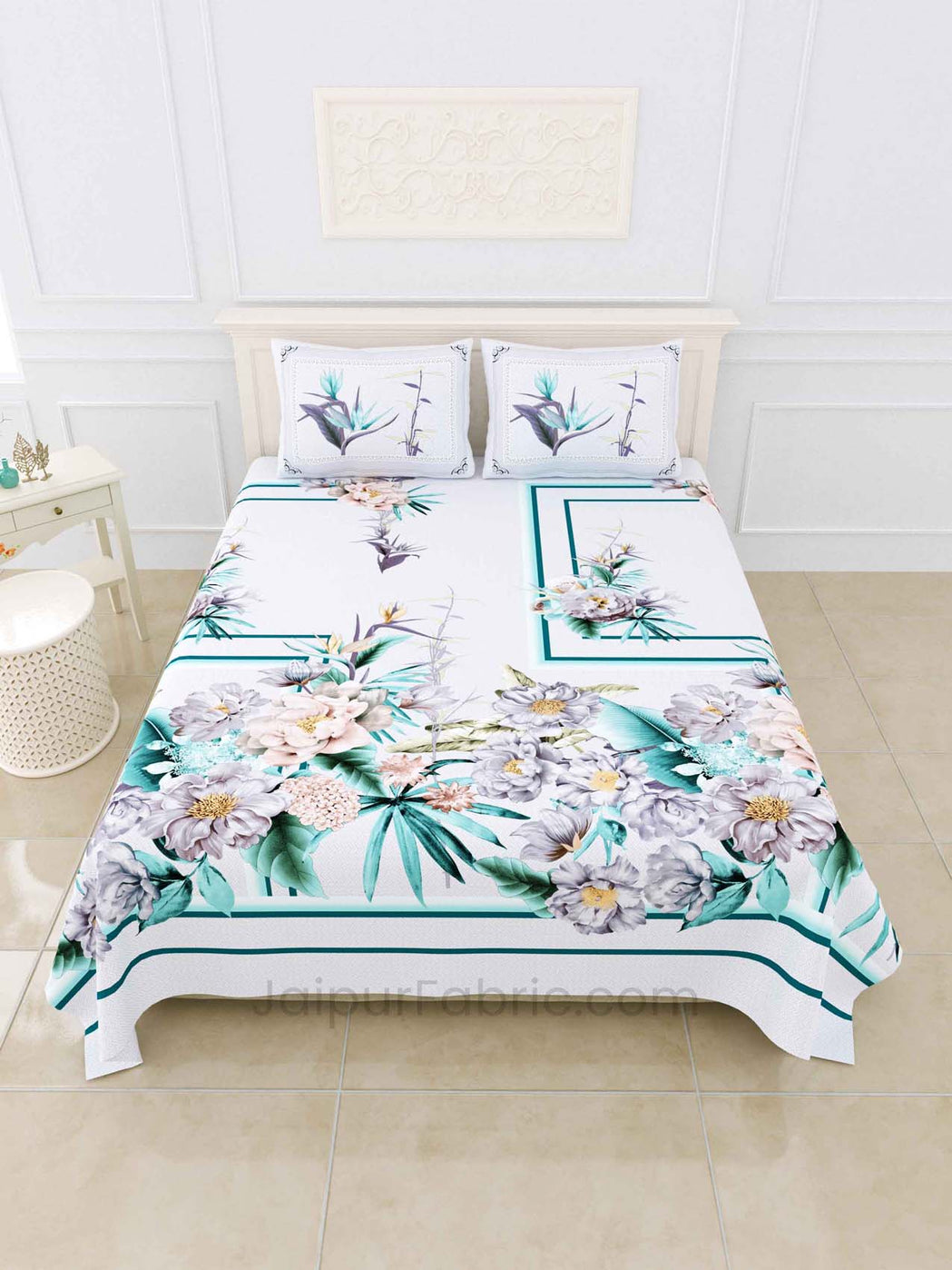 dreamy seagreen digital print luxury cotton king size bedsheet