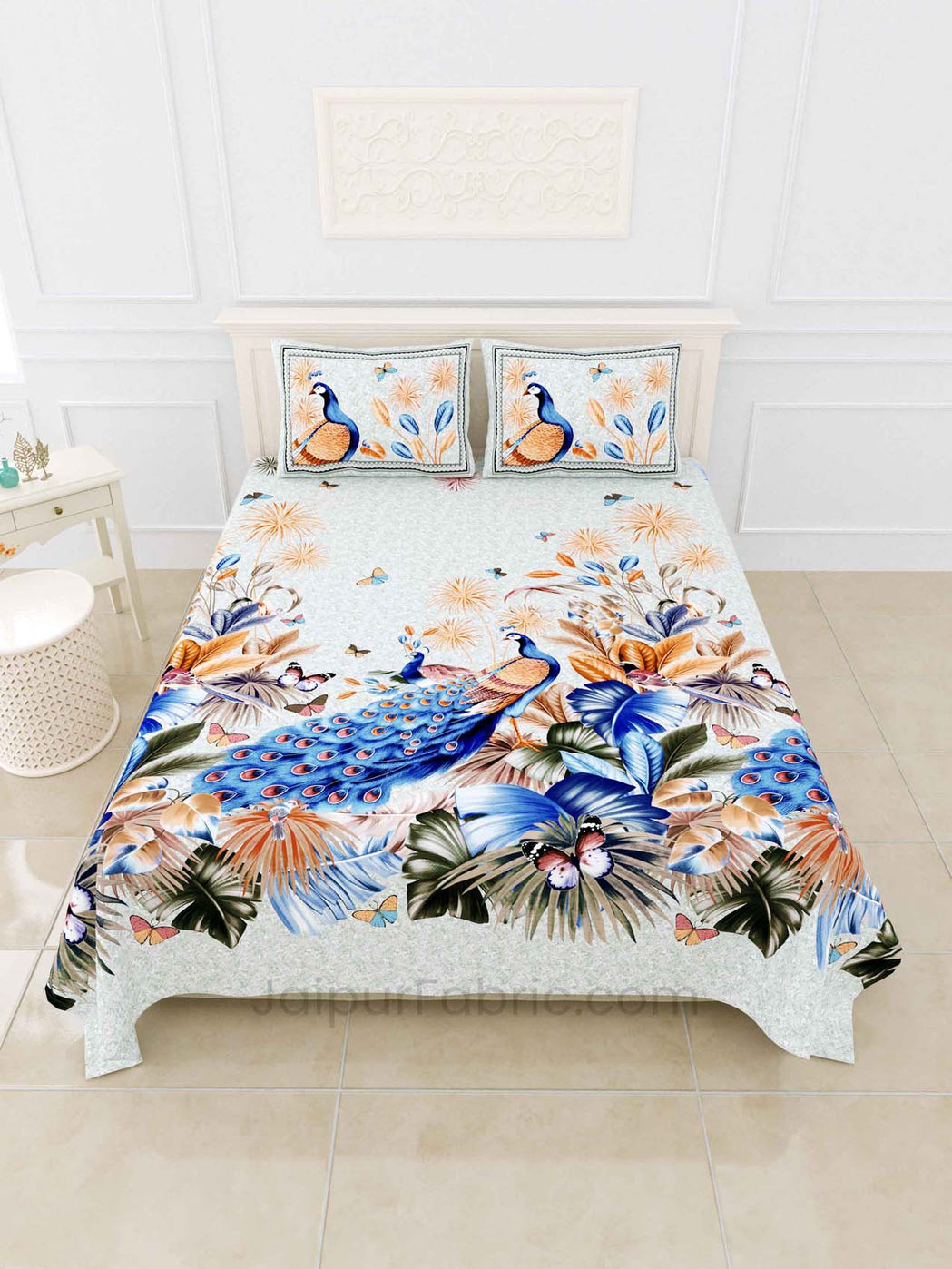 peacock blue digital print luxury cotton king size bedsheet