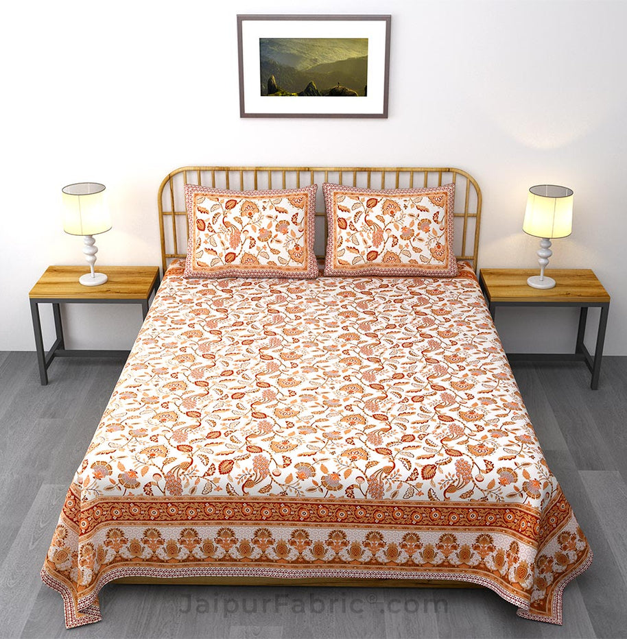 Traditional Melody Peach Khari Gold King Size Bedsheet