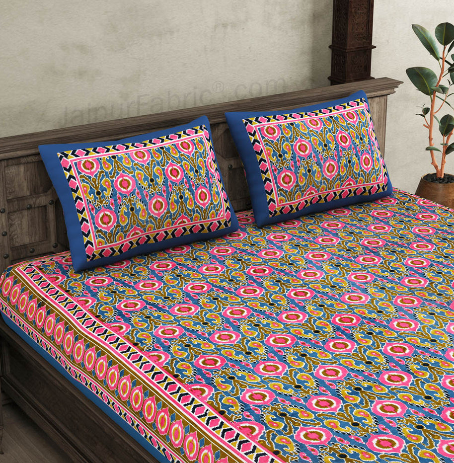 jaipurfabric® lush pink blue ikat super king size 10 feet wide premium cotton bed sheet