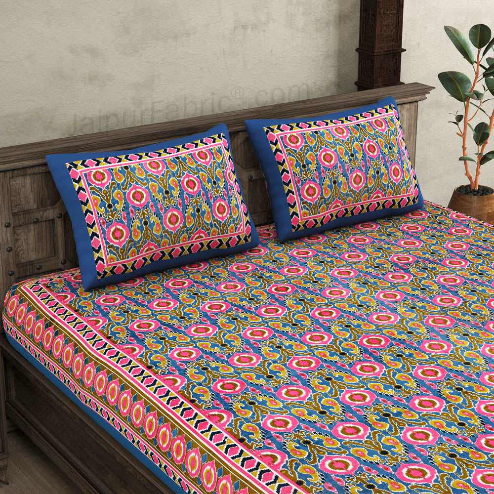 jaipurfabric® lush pink blue ikat super king size 10 feet wide premium cotton bed sheet