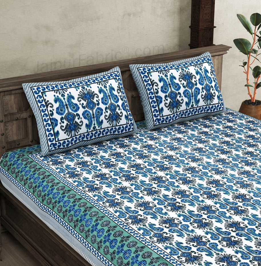 JaipurFabric® ikat blue super king size 10 feet wide premium cotton bed sheet