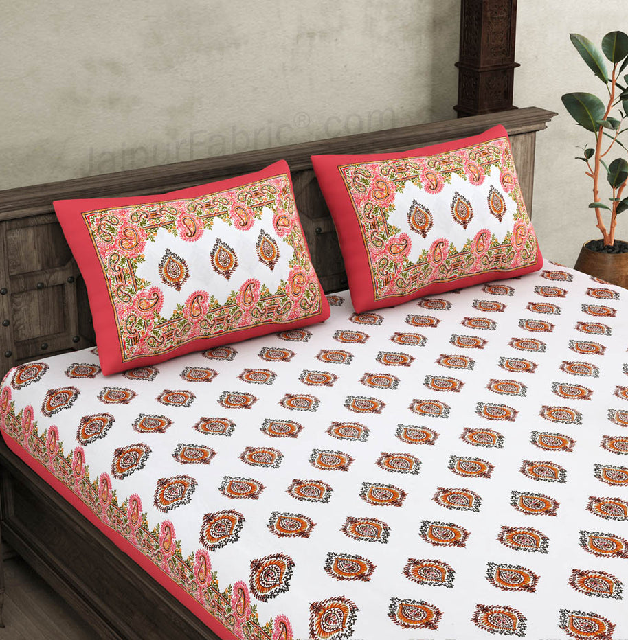 JaipurFabric® booti block print peachy king size 10 feet wide premium cotton bed sheet