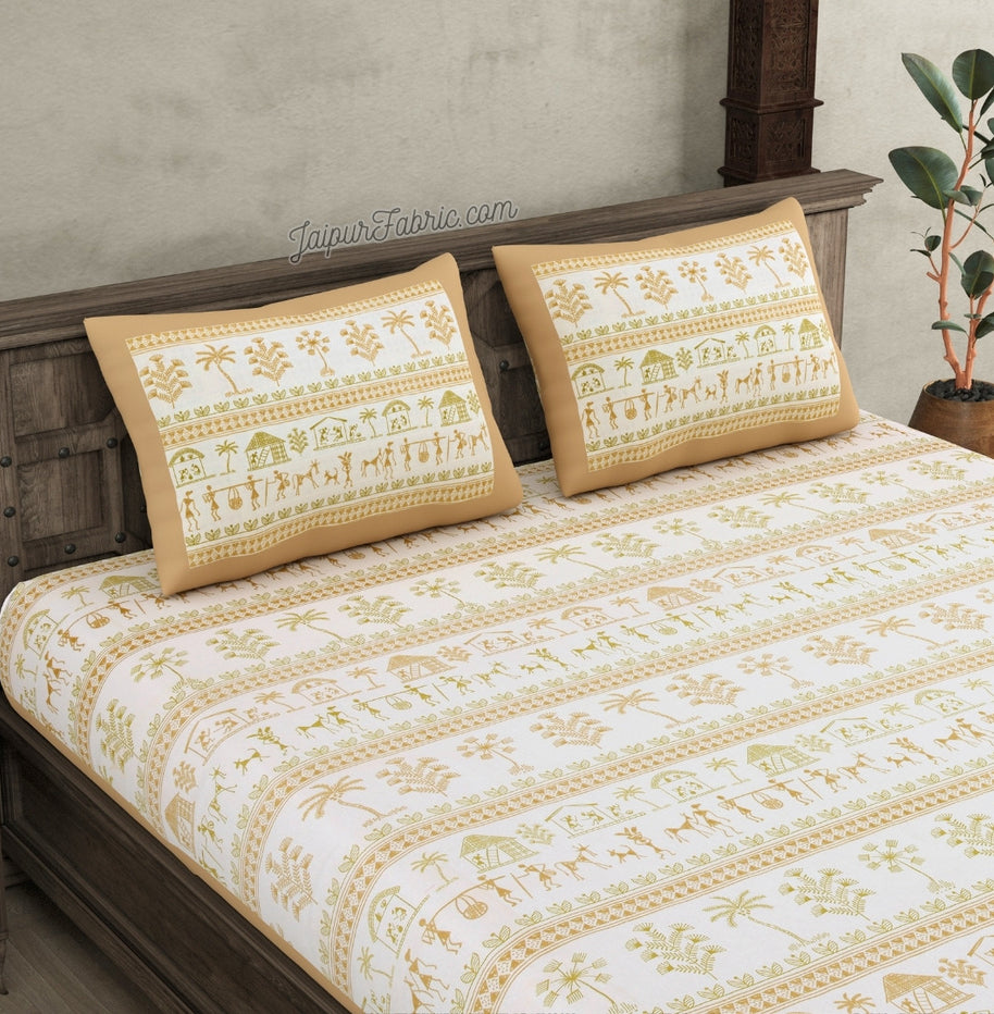 JaipurFabric® Urban Tribals Sand Brown Super King Size 10 Feet Wide Premium Cotton Bed Sheet