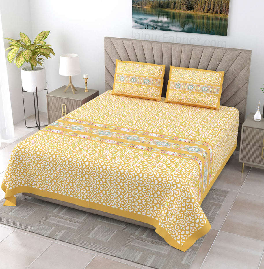 Yellow Ethnic Pure Cotton King Size Double BedSheet