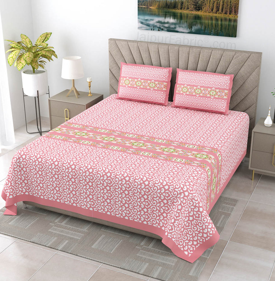 Pink Ethnic Pure Cotton King Size Double BedSheet