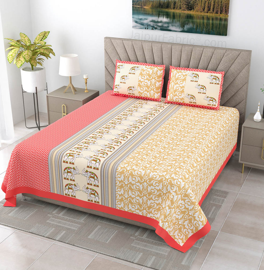 Yellowish Red Traditional Floral Pure Cotton King Size Double BedSheet