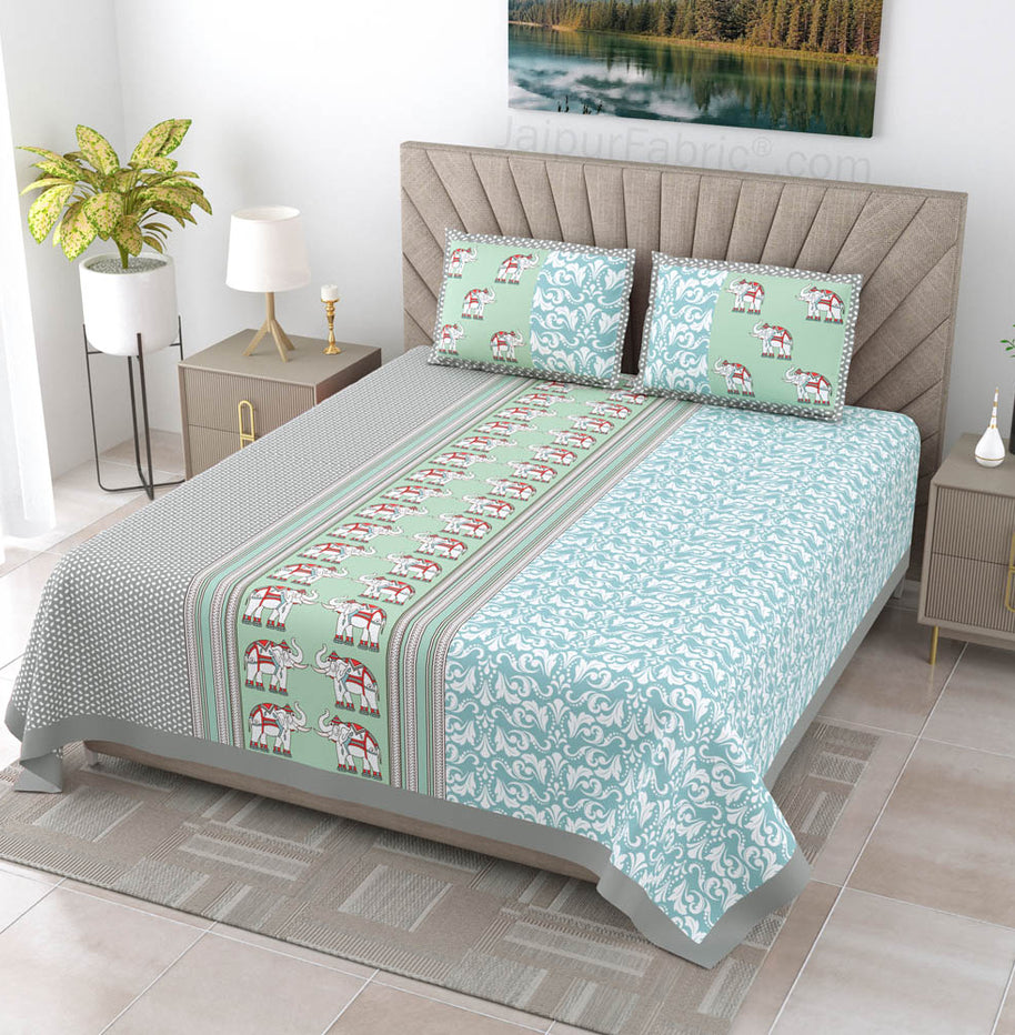 Blueish green Traditional Floral Pure Cotton King Size Double BedSheet