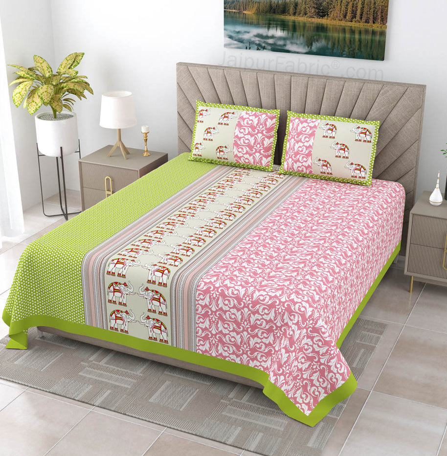 Pinkish Green Traditional Floral Pure Cotton King Size Double BedSheet