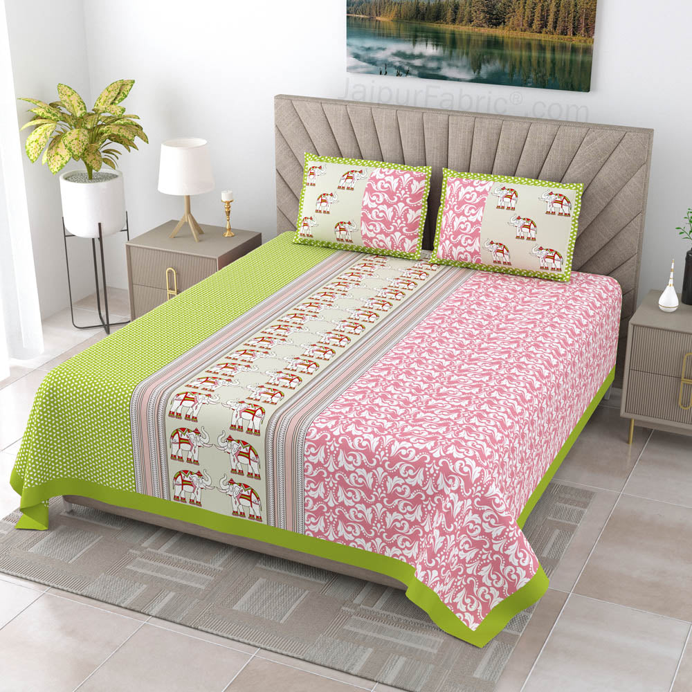 Pinkish Green Traditional Floral Pure Cotton King Size Double BedSheet