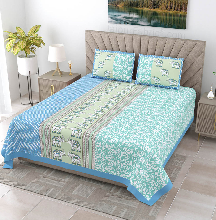 Sea Greenish Blue Traditional Floral Pure Cotton King Size Double BedSheet