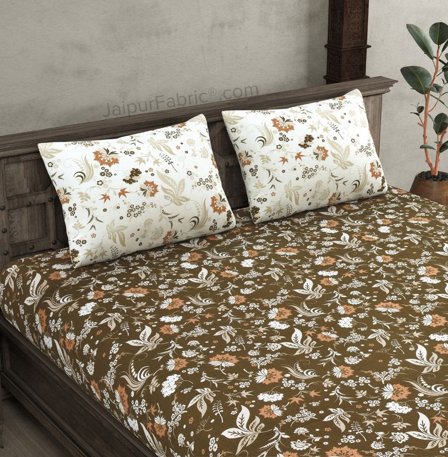 Flowery Spring Brown Cotton King Size Bedsheet