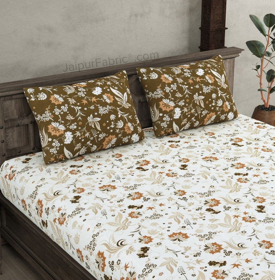 Flowery Spring Off White Sandy Brown Cotton King Size Bedsheet