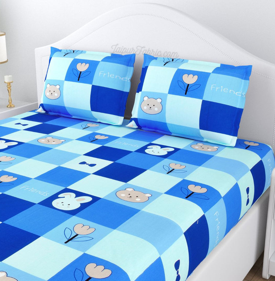 Dreamland Adventure Pure Cotton Teddy Bear and Rabbit Checks Pattern Bedsheet for Kids