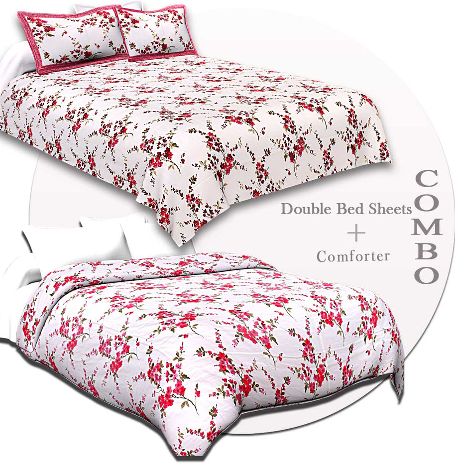 COMBO68 Pink Floral Design 1 Cotton Double Bedsheet + 1 Dohar Combo