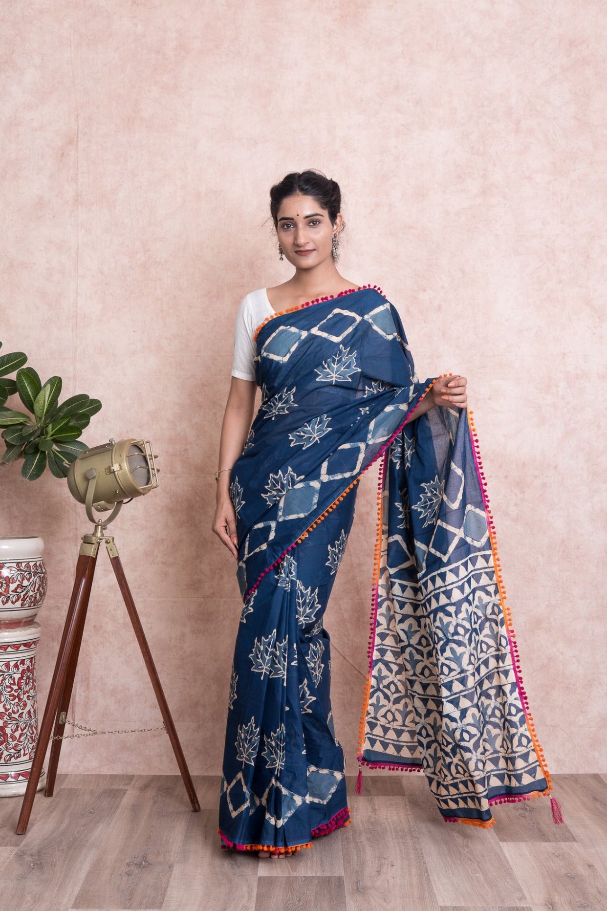 Women Dabu Motif Print Cotton Mulmul Saree with Unstitched Blouse - Indigo And Blue