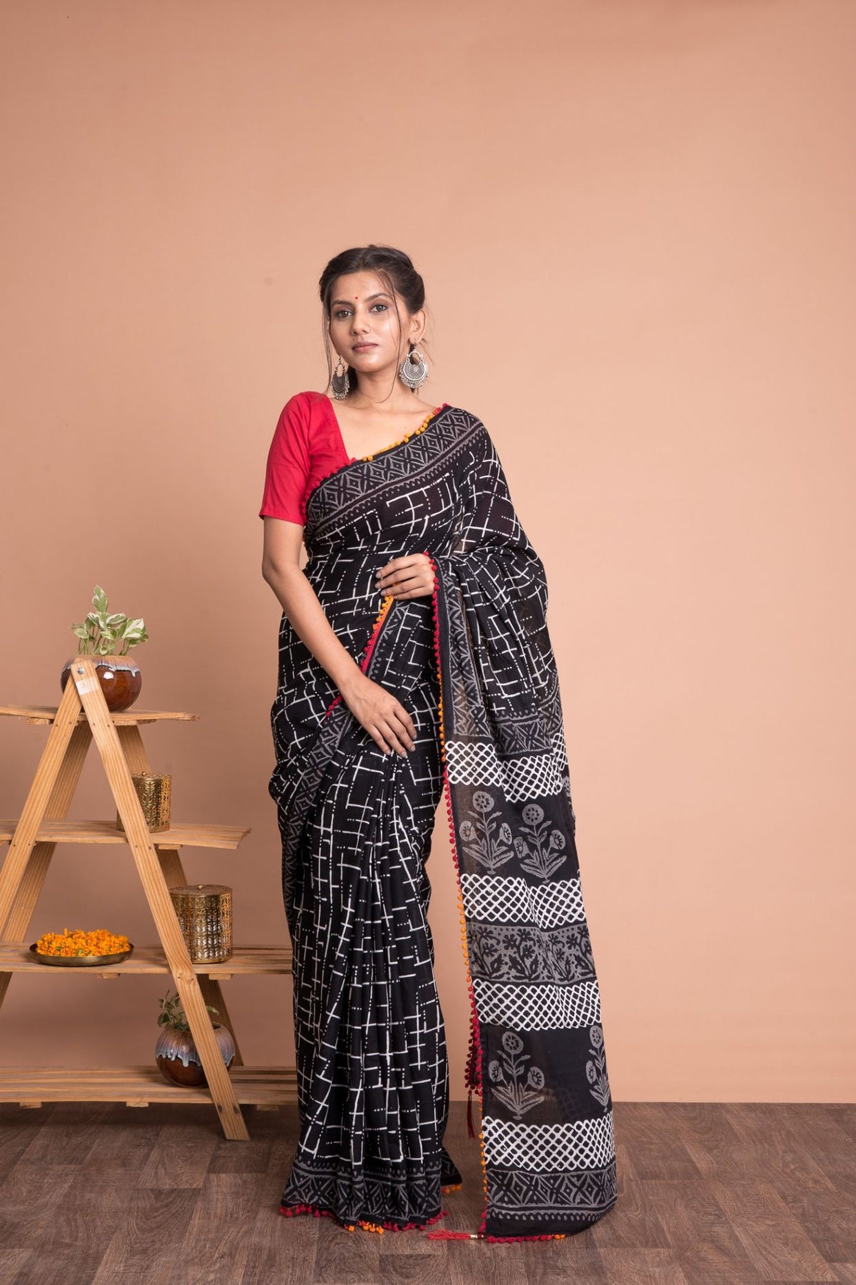 Geometric Hand Block Printed Cotton Mulmul Saree with Unstitched Blouse - Black