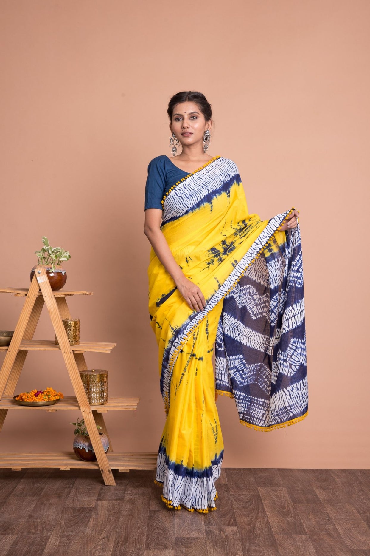 Shibori Tie N Dye Marble Pattern Cotton Mulmul Saree with Unstitched Blouse - Yellow