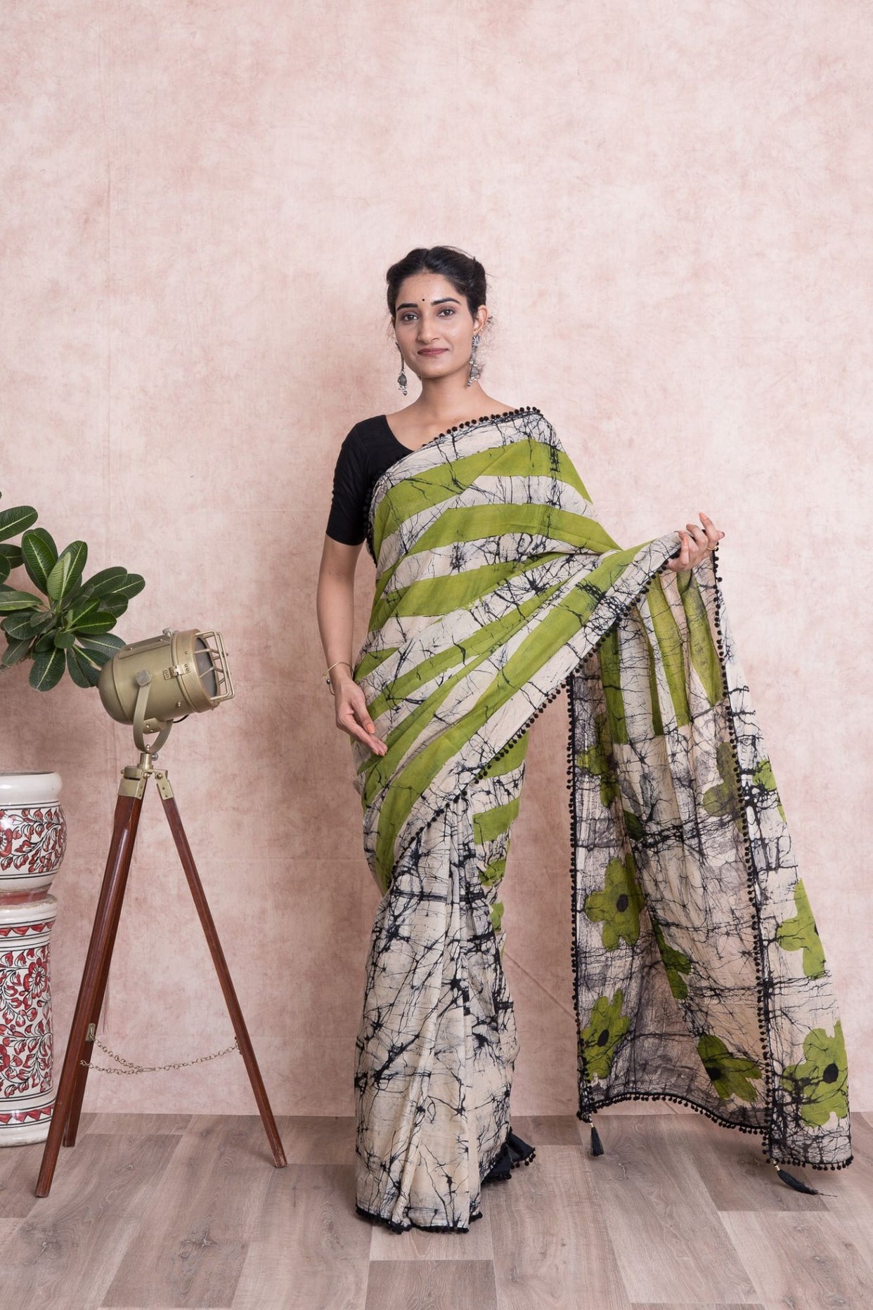 Pom-Pom Batik Print Cotton Mulmul Saree with Unstitched Blouse - Green