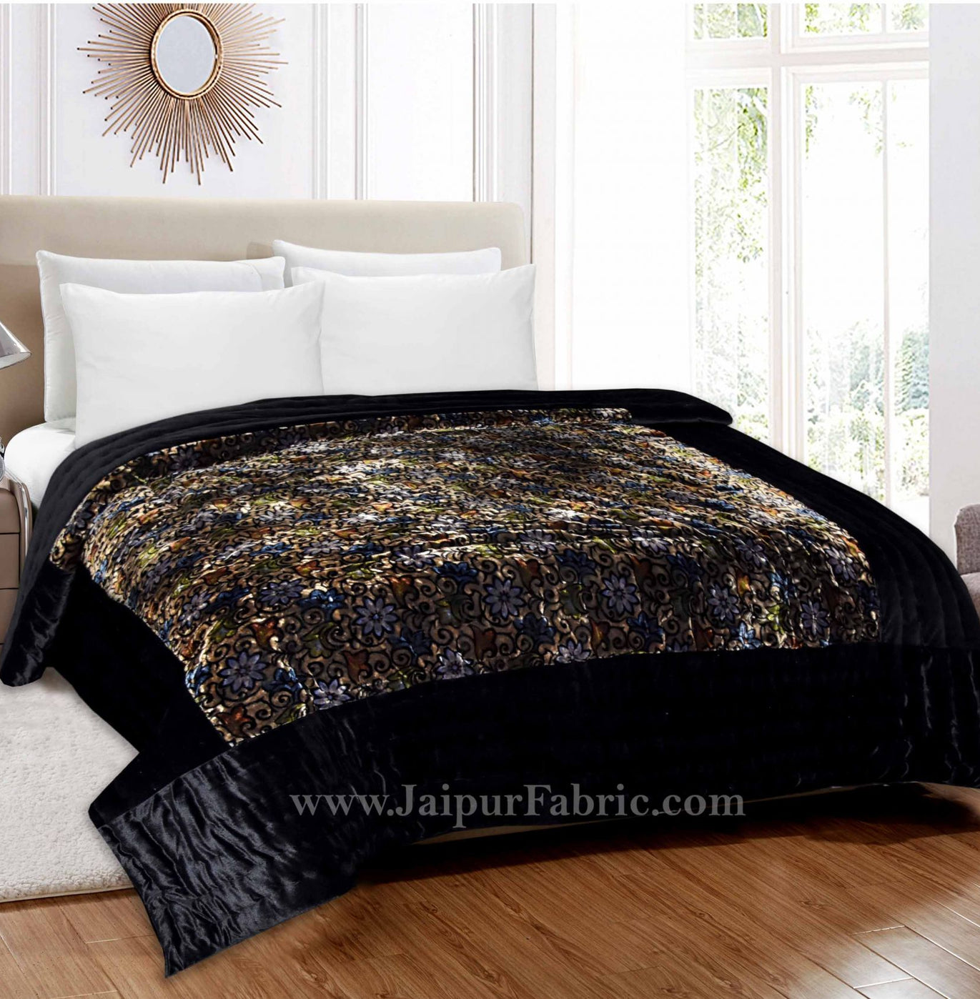 Velvet Cloth Double Bed Quilt Jaipuri Razai Floral Brown Shaneel Rajai by Jaipur Fabric