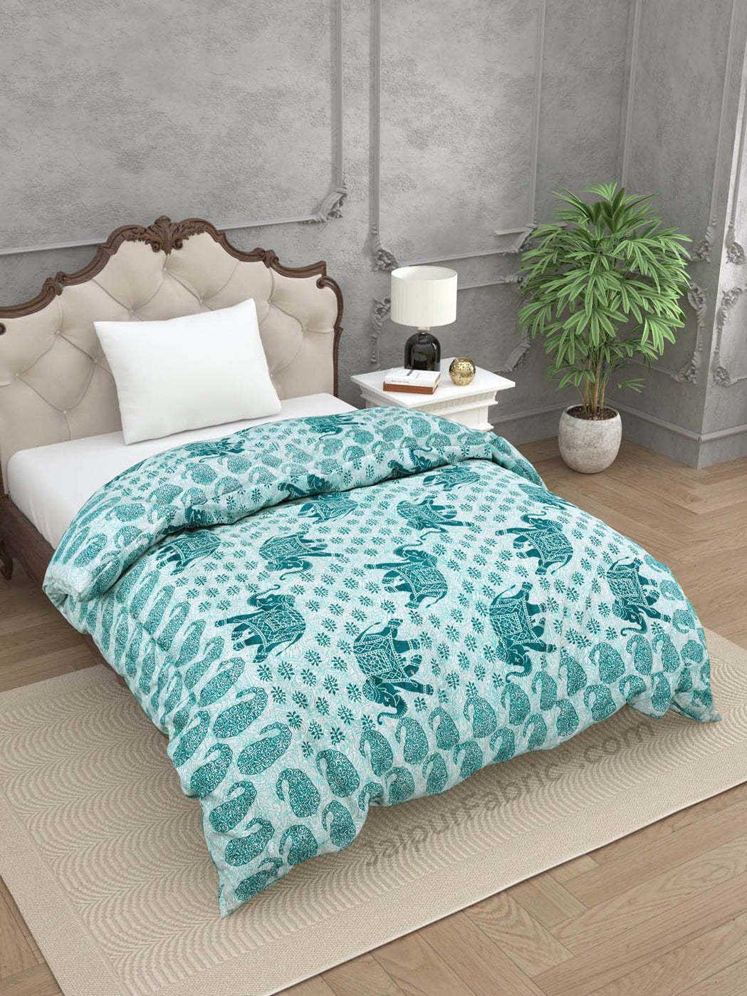 Jaipuri Quilt Sea Green Elephant Print 200Gsm Fine Cotton Single Bed Rajai