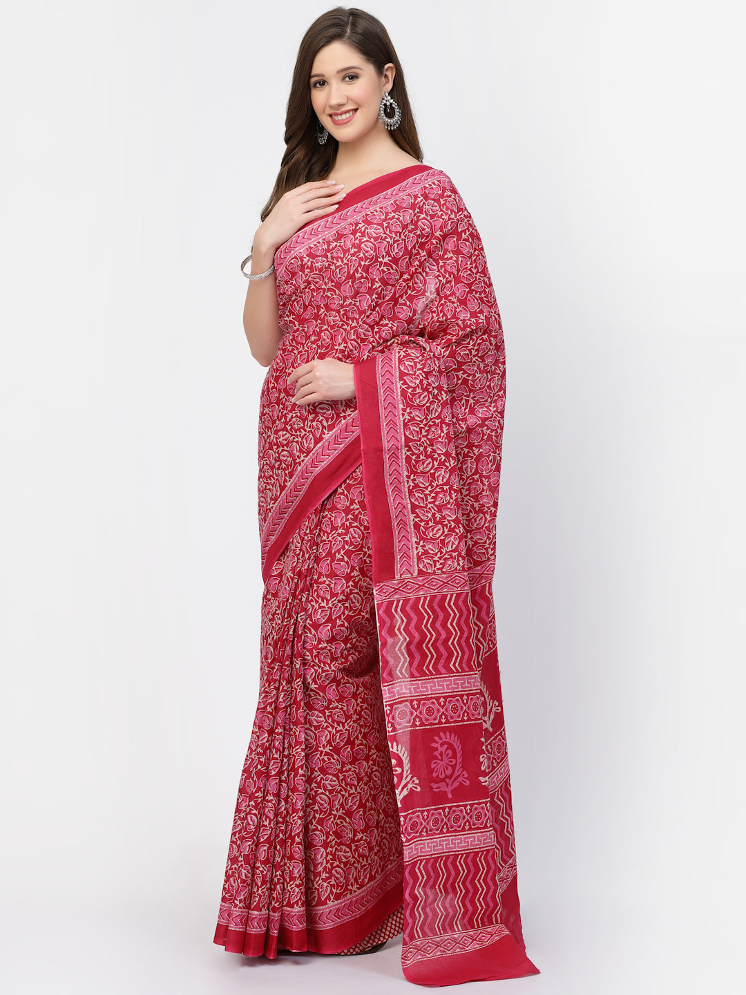 Women's Cotton Floral Printed Saree with Unstitched Blouse