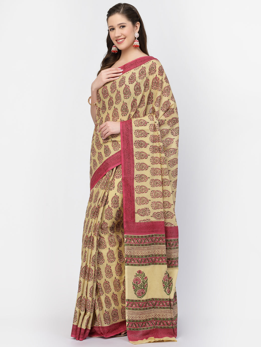 Women's Cotton Floral Printed Saree with Unstitched Blouse