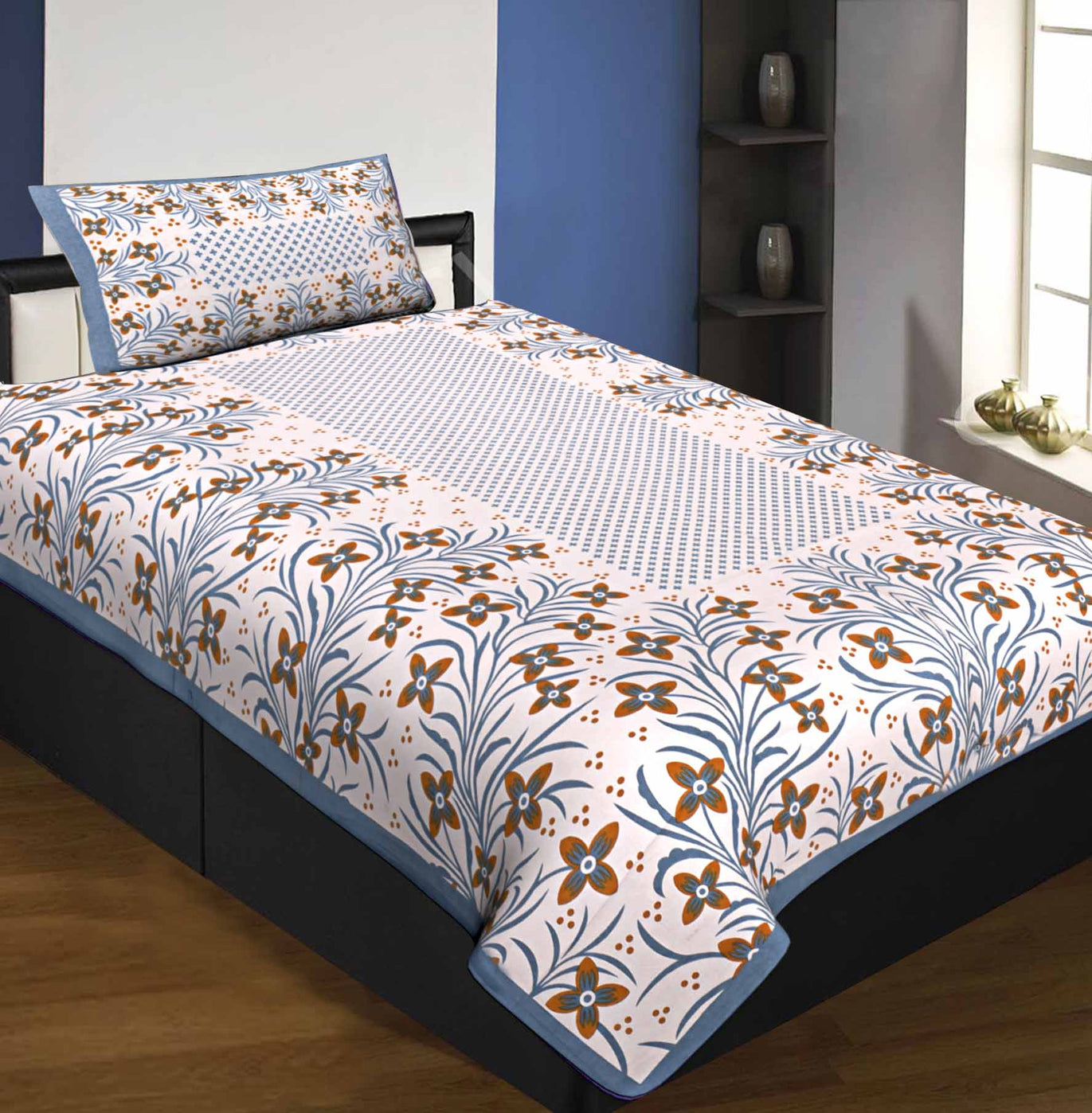 Single Bedsheet Pure Cotton Gray  Border with Flower and Leaf Pattern