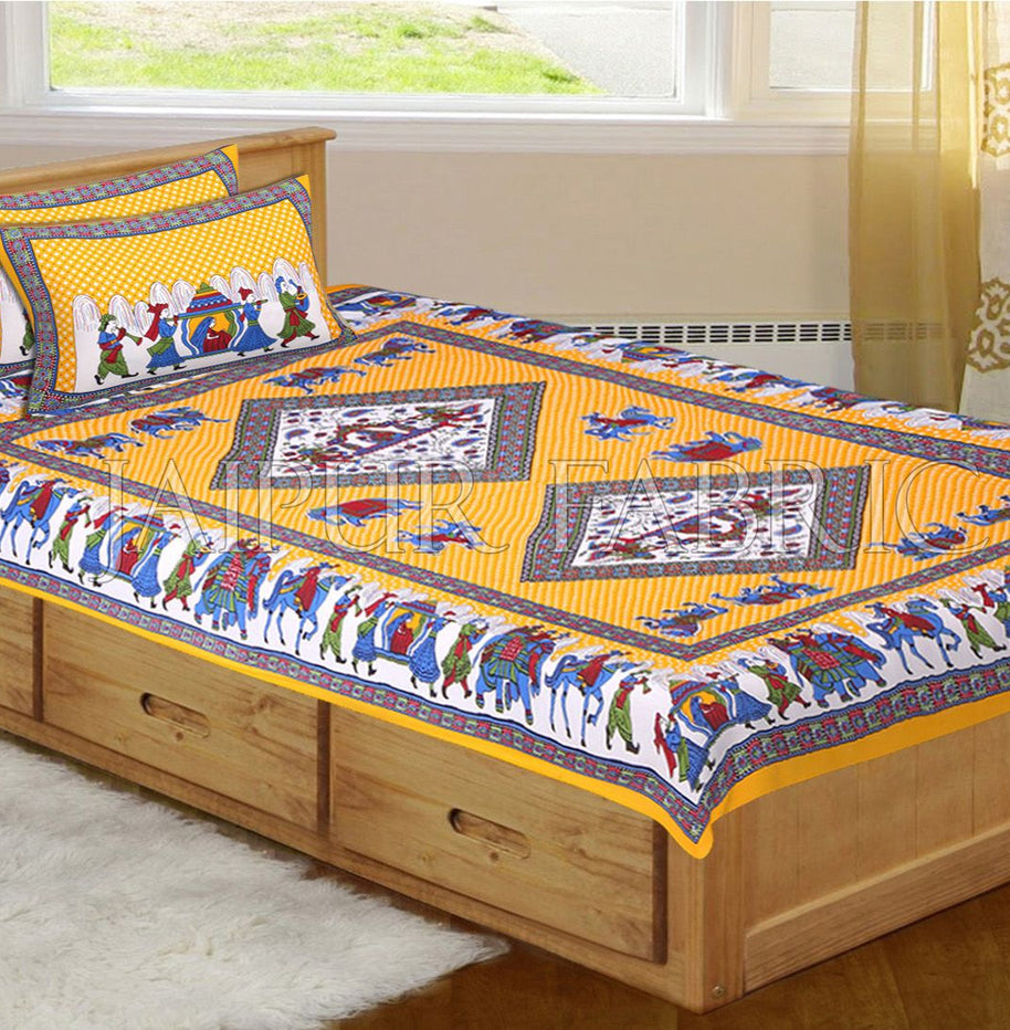 Yellow Base Jaipur Doli Design with Elephant Print Single Bed Sheet