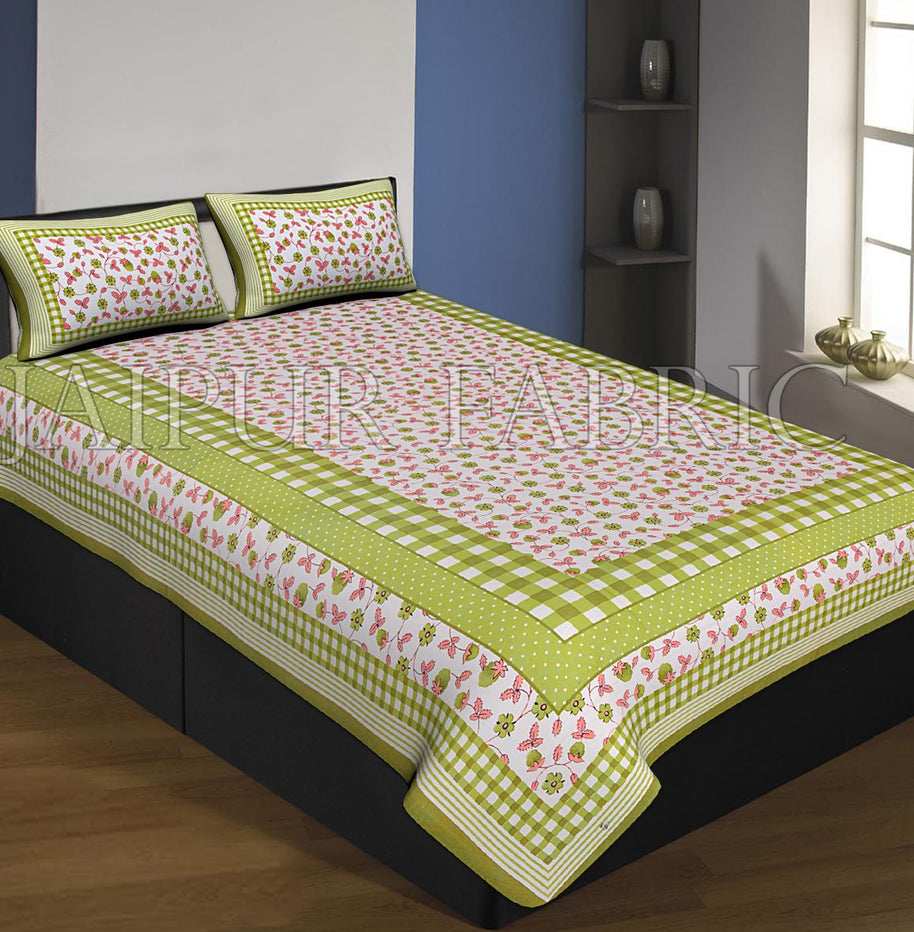 Green Boarder With Check Print And Dot Flower Pattern Single Bed Sheet With 2 Pillow Cover