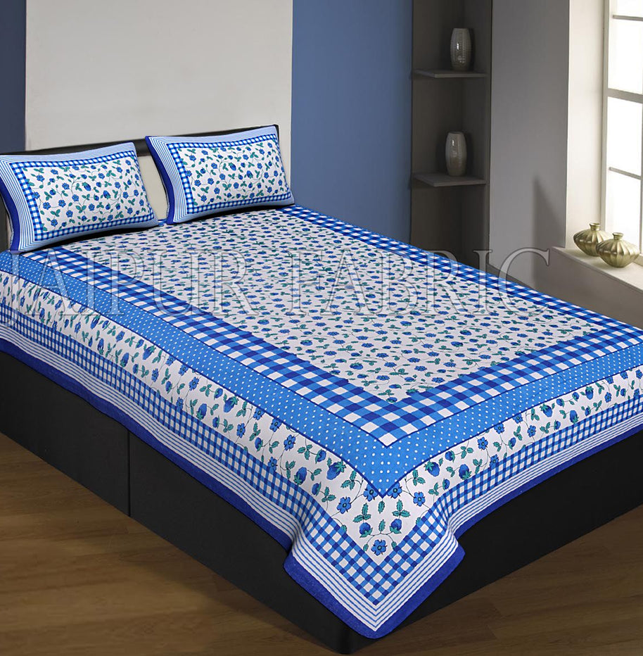 Blue Boarder With Check Print And Dot Flower Pattern Single Bed Sheet With 2 Pillow Cover