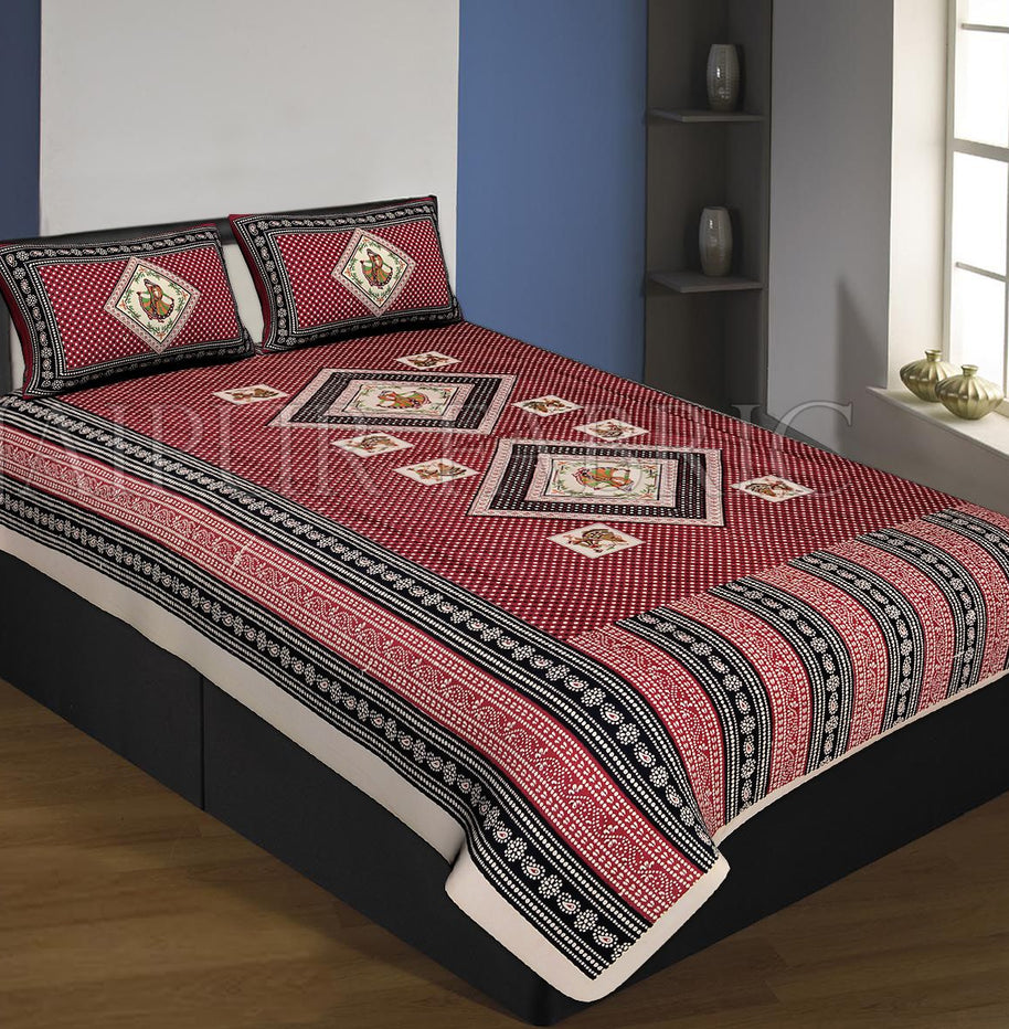 Cream Boarder Mahroon Base With Tiny Bandej Print Single Bed Sheet With 2 Pillow Cover