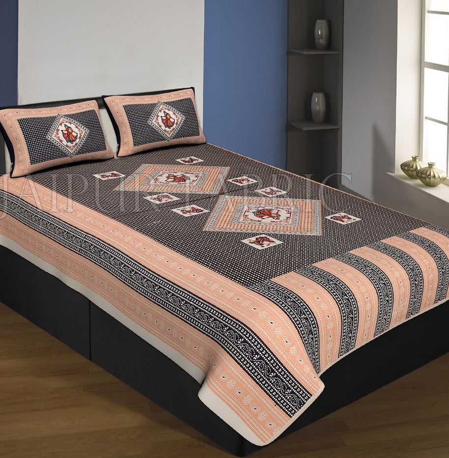 Cream And Light Brown Boarder Black Base With Tiny Bandej Print Single Bed Sheet With 2 Pillow Cover