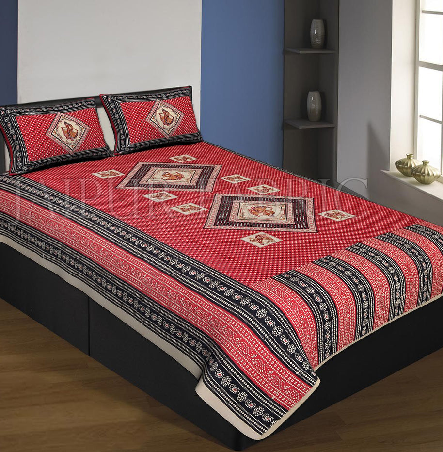 Cream And Red Black Boarder Black Base With Tiny Bandej Print Single Bed Sheet With 2 Pillow Cover