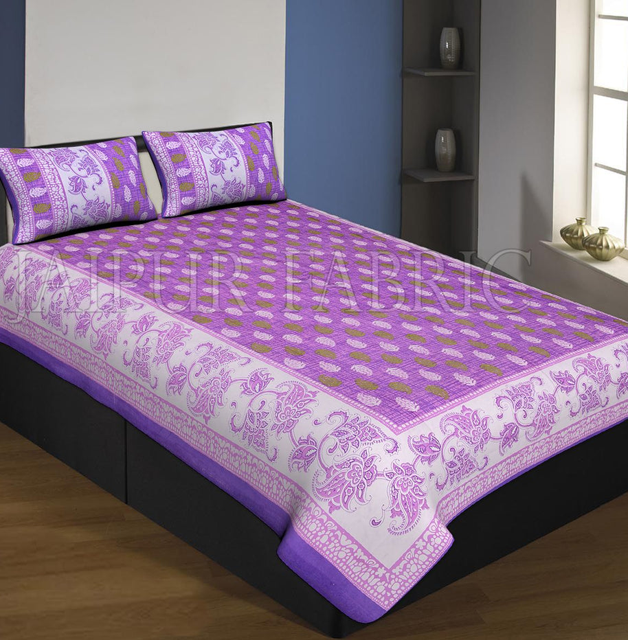 Purple Boarder And Base With Flower And Leaf Print Single Bed Sheet With 2 Pillow Cover