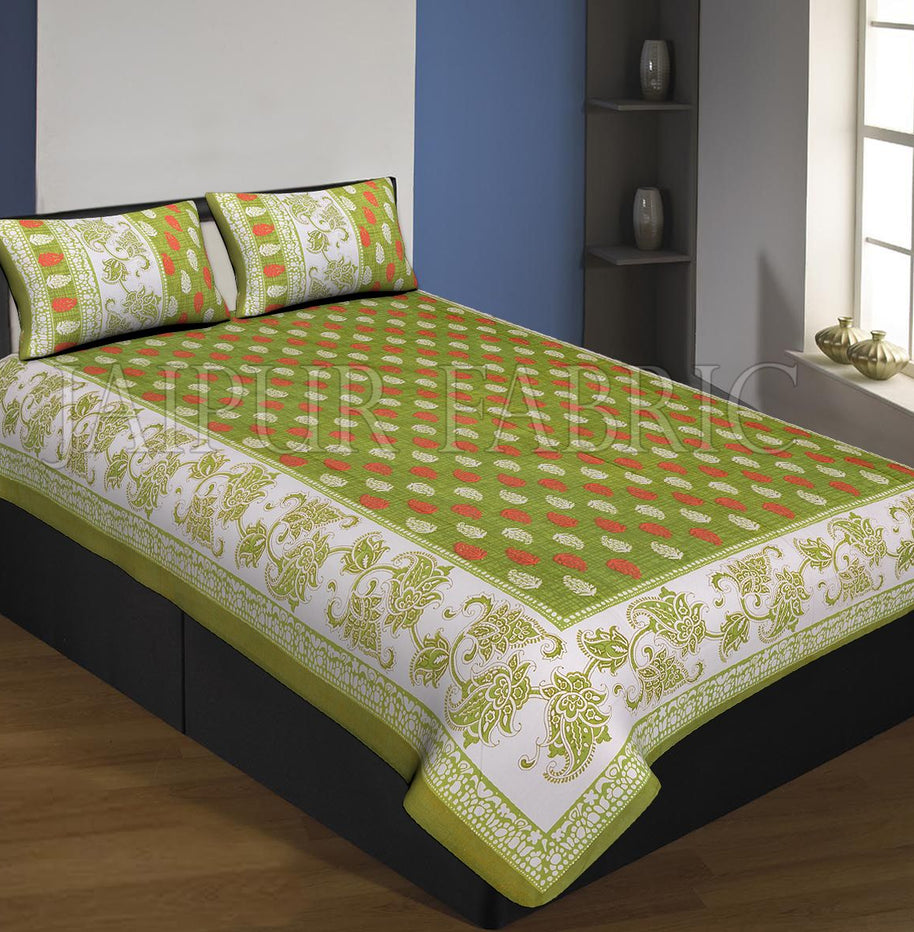 Green Boarder And Base With Flower And Leaf Print Single Bed Sheet With 2 Pillow Cover