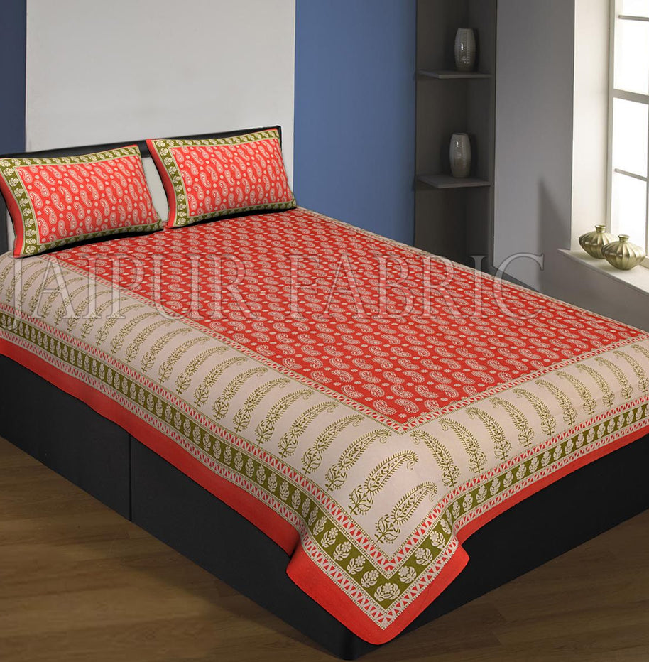 Red And Cream Boarder With Long Leaf Pattern Single Bed Sheet With 2 Pillow Cover