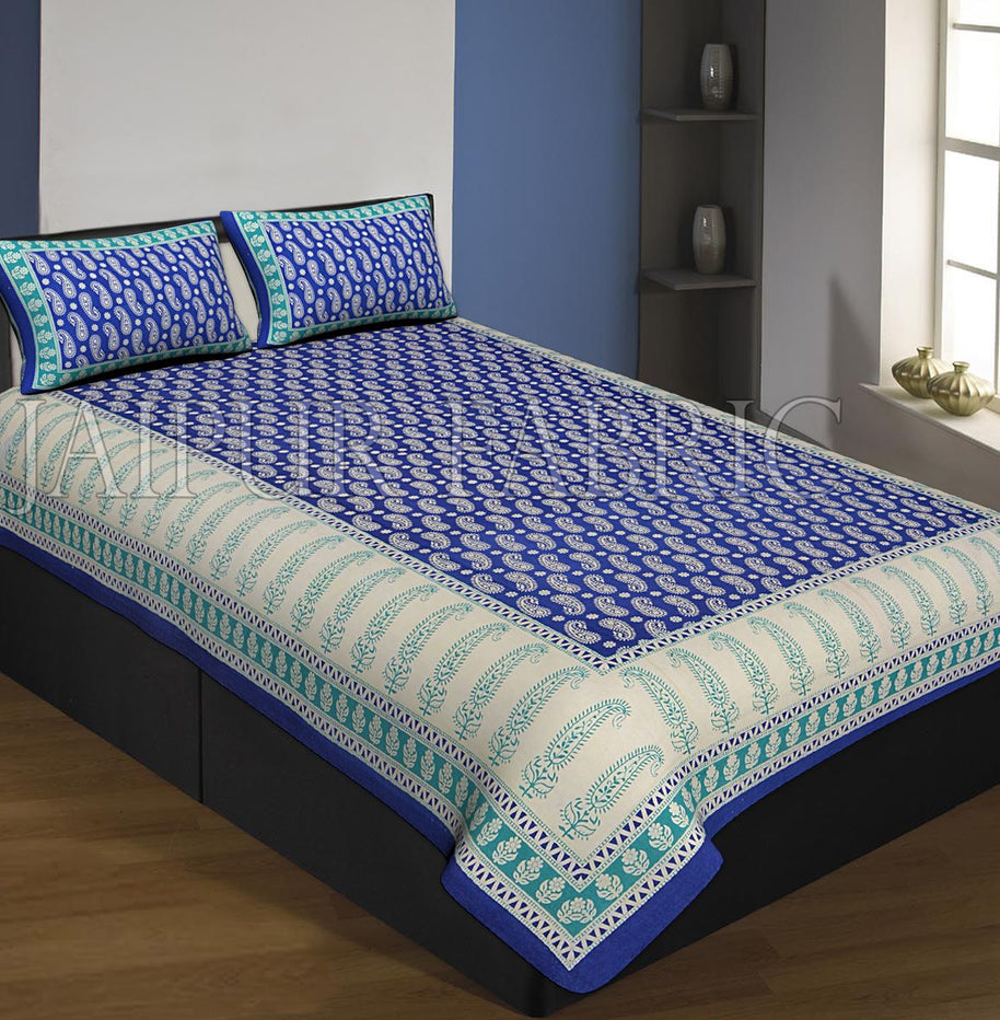 Navy Blue And Cream Boarder With Long Leaf Pattern Single Bed Sheet With 2 Pillow Cover