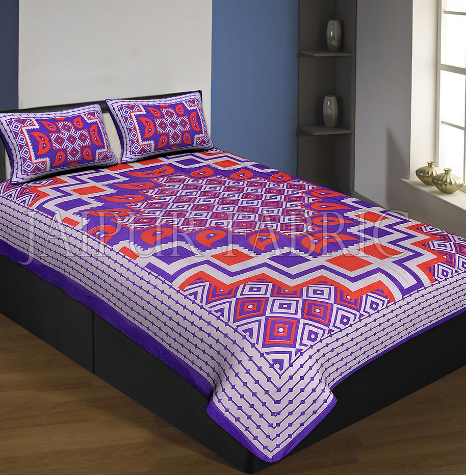 Purple Boarder Cream Base With Paan And Rangoli Pattern Single Bed Sheet With 2 Pillow Cover