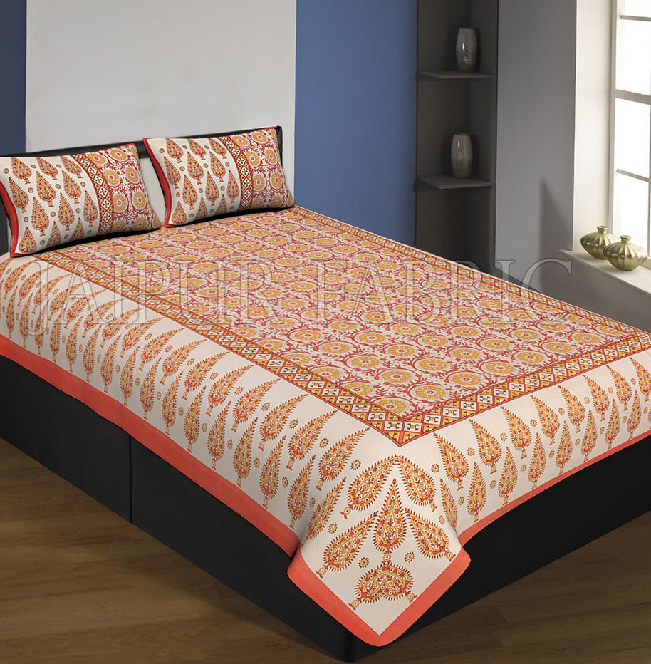 Orange Boarder Cream Base With Yellow Leaf And Flower Pattern Single Bed Sheet With 2 Pillow Cover