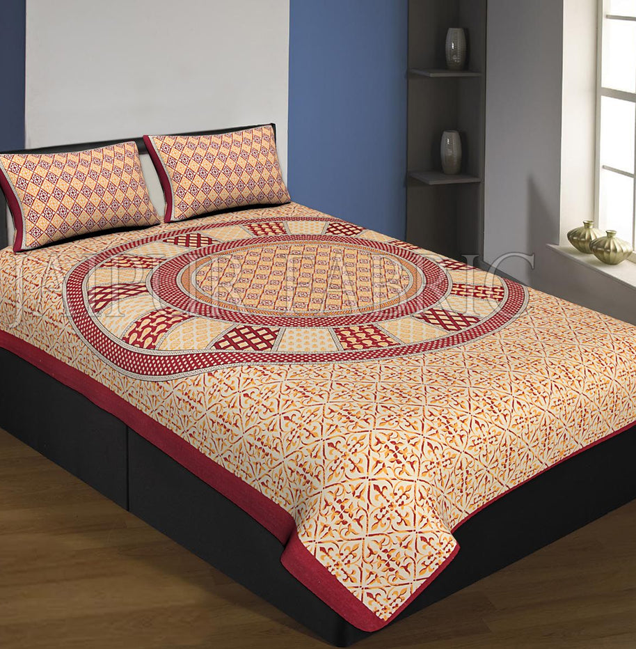 Mahroon Boarder Cream Base Circle Design With Leaf Pattern Single Bed Sheet With 2 Pillow Cover