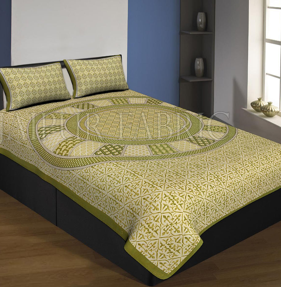 Green Boarder Cream Base Circle Design With Leaf Pattern Single Bed Sheet With 2 Pillow Cover