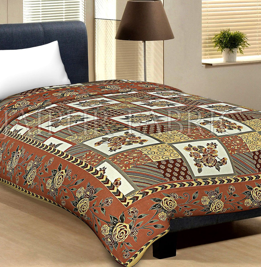 Brown Border Cream Base Flower And Check With Golden Shining Print Cotton Single Bed Sheet With Out Pillow Cover