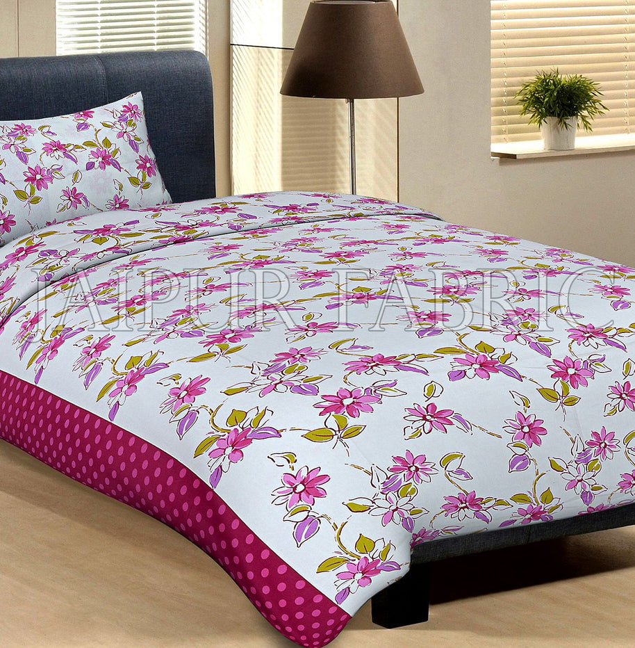 Maroon Border With Pink Polka Dot And White Base With Pink Flower Cotton Single Bed Sheet with