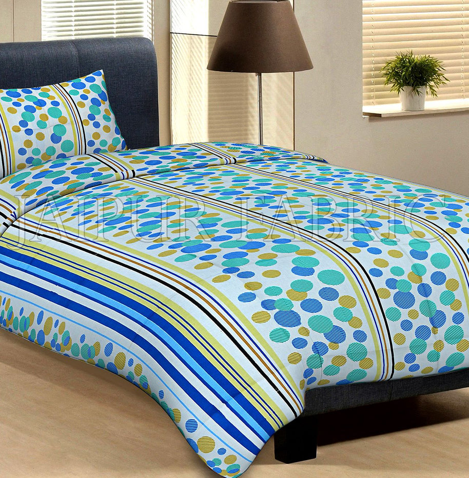 White Base Blue Green And Yellow Polka Dot And Lining Print Cotton Single Bed Sheet without  Pillow Cover