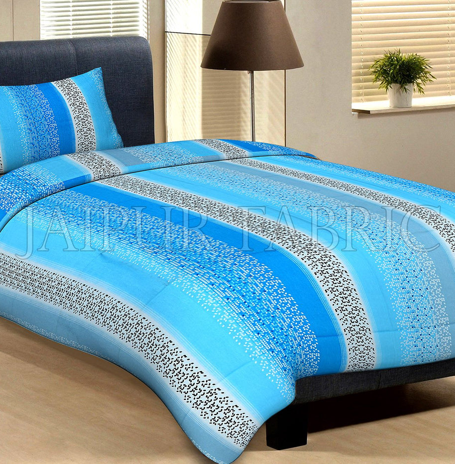 Blue And Sky Blue Broad Lining With Black And White Pigment Print Cotton Single Bed Sheet with 1 pillow Cover