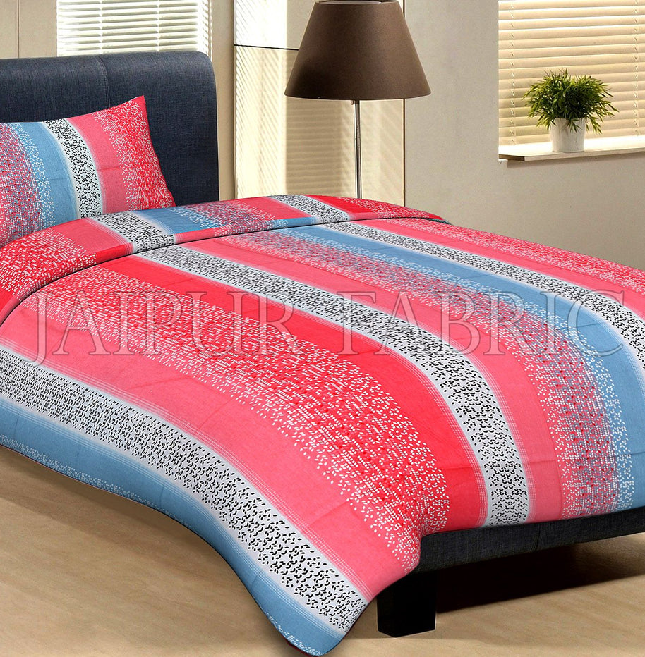 Dark Pink Blue And White Broad Lining With Black And White Pigment Print Cotton Single Bed Sheet with 1 pillow Cover