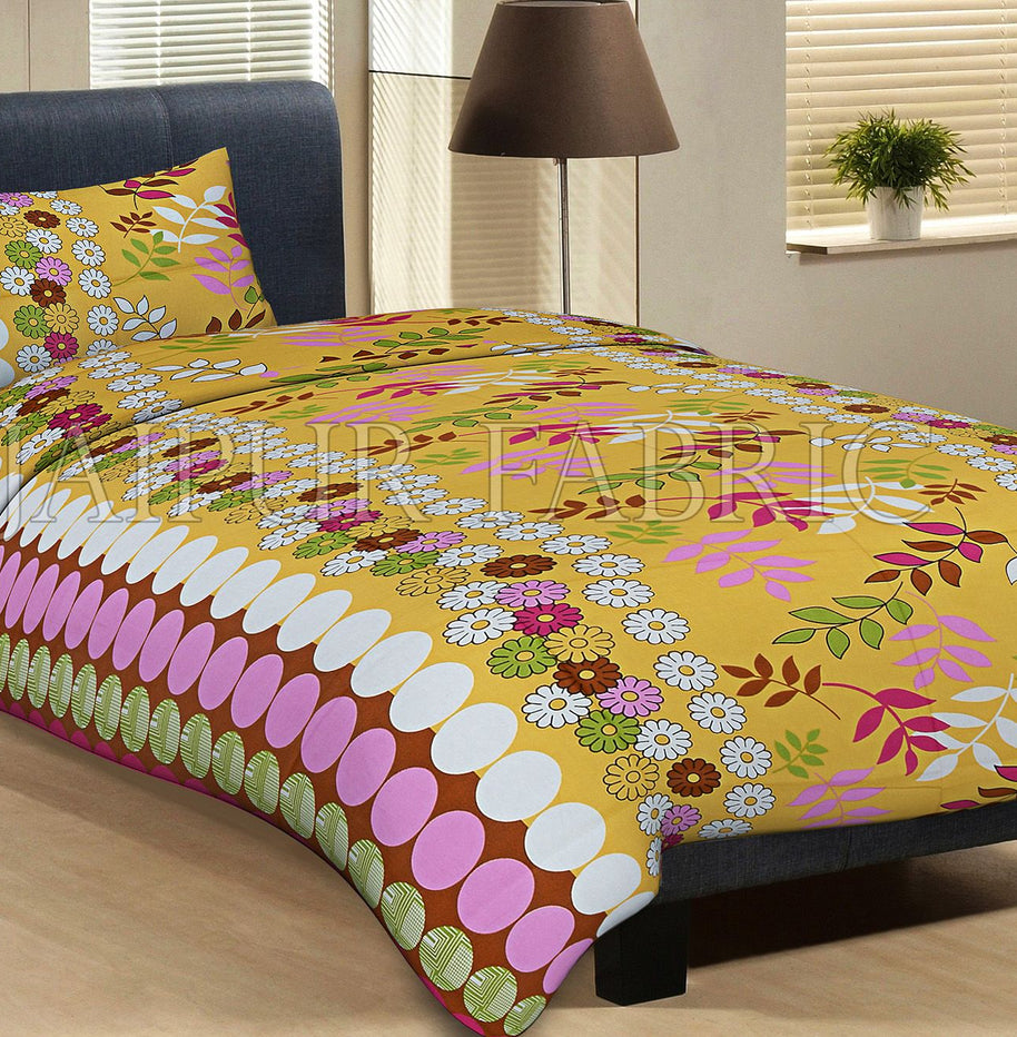 Yellow Base Polka Dot Leaf And Flower Print Cotton Single Bed Sheet with 1 pillow Cover