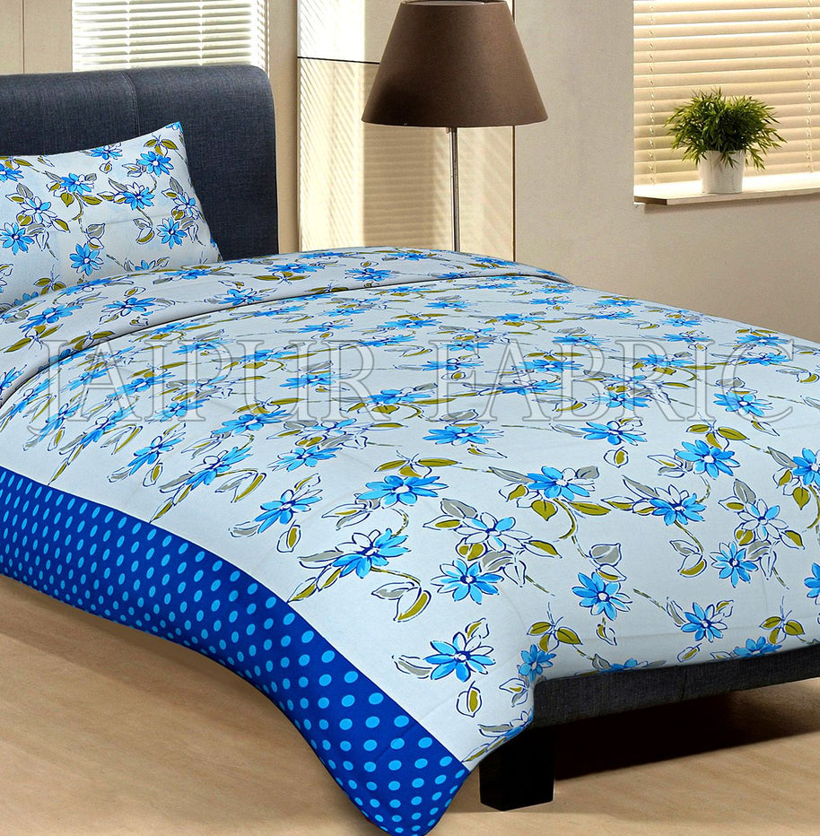 Blue Border With Light Blue  Polka Dot And White Base With Blue Flower Cotton Single Bed Sheet with 1 pillow Cover