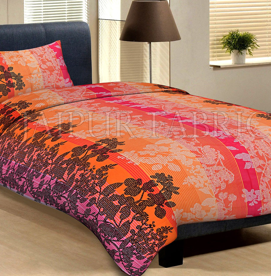 Orange Base With White And Black Flower And Lineing Print Cotton Single Bed Sheet with 1 pillow Cover